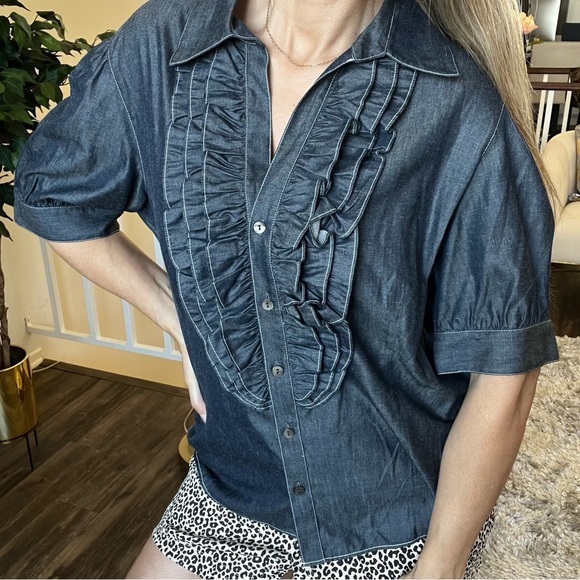 NWT Lafayette 148 Short Sleeves Ruffle Front Button Down Blouse Shirt Gray XL - Picture 4 of 11